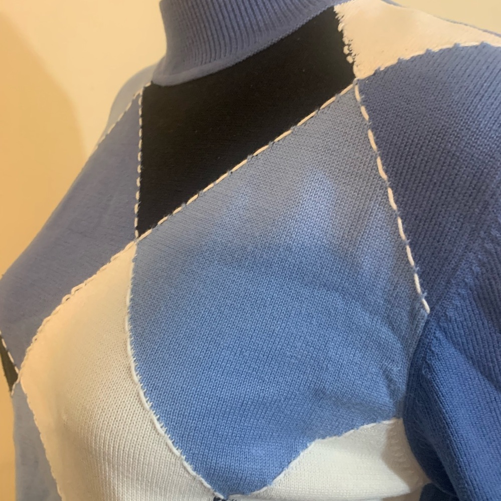 British Argyle /Diamond Sweater/Top,Navy,Ivory, Blue! Pullover,Back Qtr.Zip EUC!